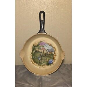 Hand-Painted Vintage Cast Iron Skillet – "Spring Meadow" Folk Art by E. Gaston